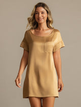 [Tan] SilkSilky-UK 19Momme Machine-Washable Silk Short Sleeve Round Neck Nightdress 005
