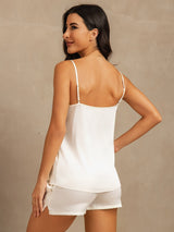 [White] SilkSilky-UK 19Momme Machine-Washable Silk Spaghetti Strap Round Neck Camisole Set 002