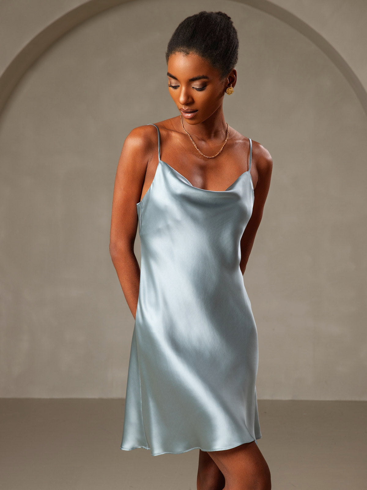 [Grayish Blue] SilkSilky-UK Pure Silk Cowl Neck Dress 005