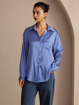 [Blue Pinstripe] SilkSilky-UK Long Sleeve Lapel Collar Women's Shirt 004