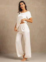 [White] SilkSilky-UK 19Momme Machine-Washable Silk Short Sleeve Women's Pyjamas 003
