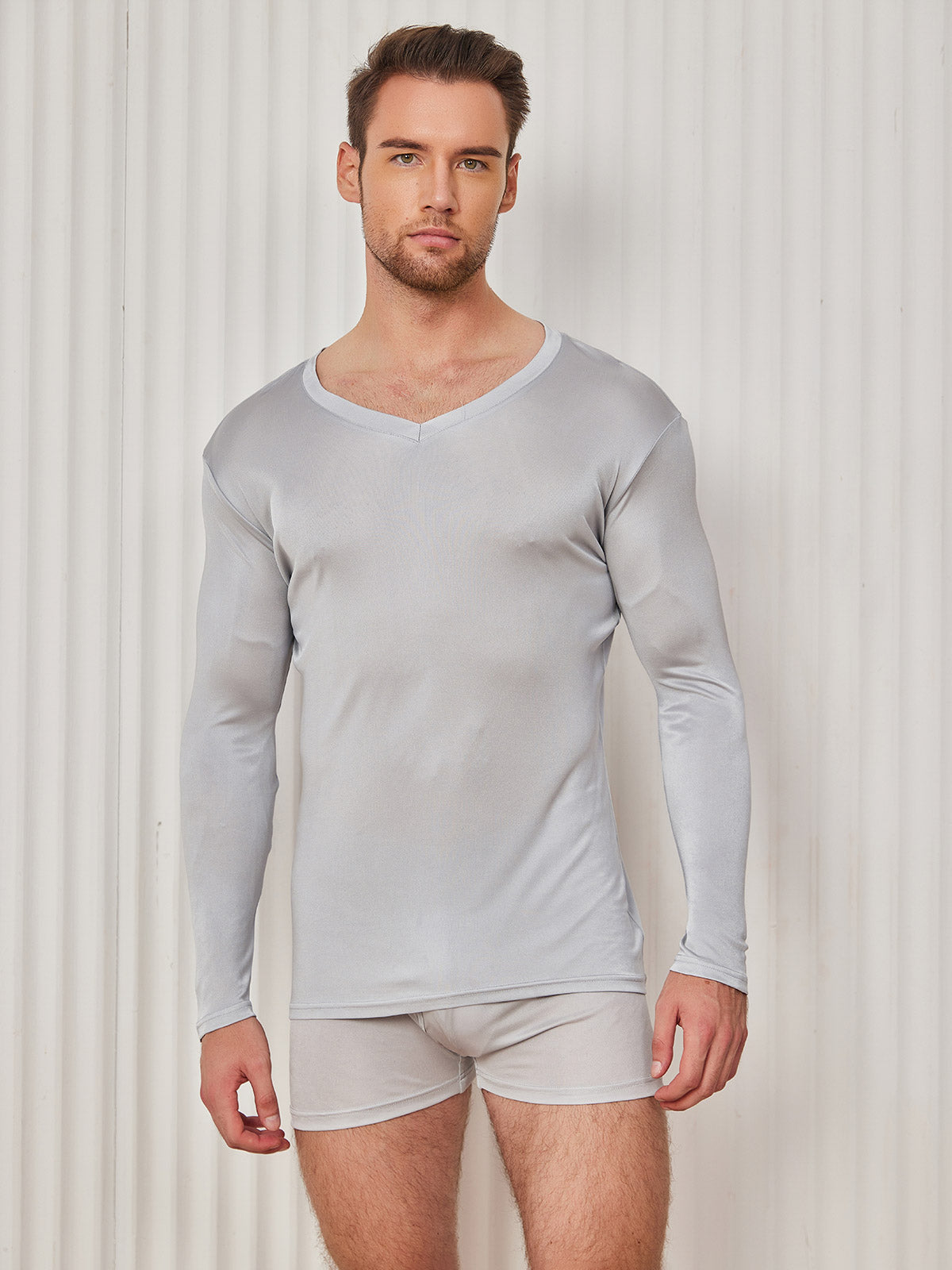 SilkSilky UK Silk Knitted Long Sleeve V Neck Men's T Shirt LightGray 001