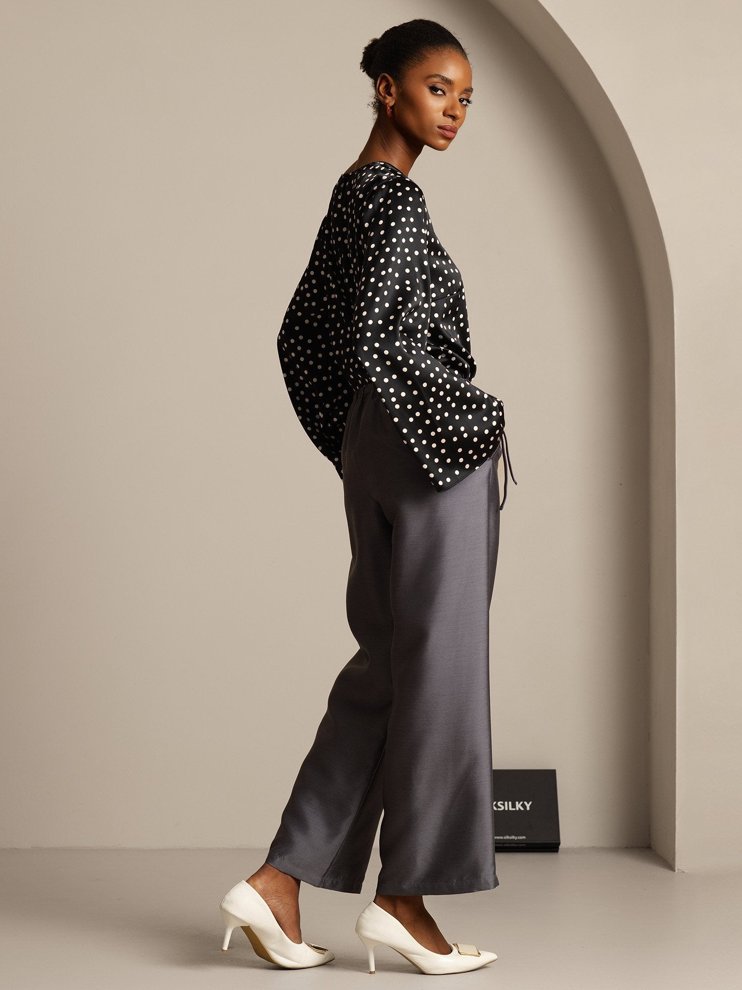 [Gray] SilkSilky-UK 32Momme Silk-Wool Blend Womens Pants 007,