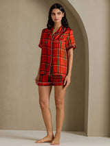 [Red Plaid] SilkSilky-UK Short Sleeve Notch Collar Women's Pyjamas 006