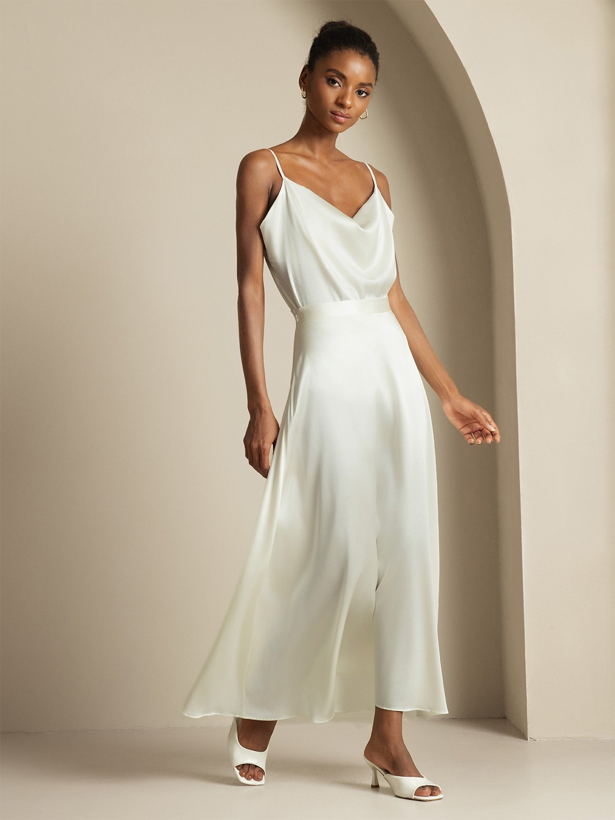 [White] SilkSilky-UK 19Momme Silk Knitted Cowl Neck Women''s Outfit Sets 004,