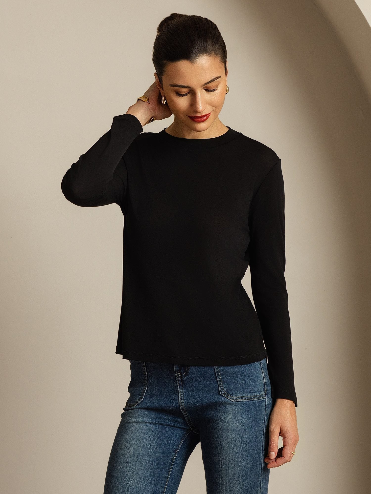 [Black] SilkSilky-UK 100% Silk Jersey Long Sleeve Crew Neck Women's T-Shirt 007