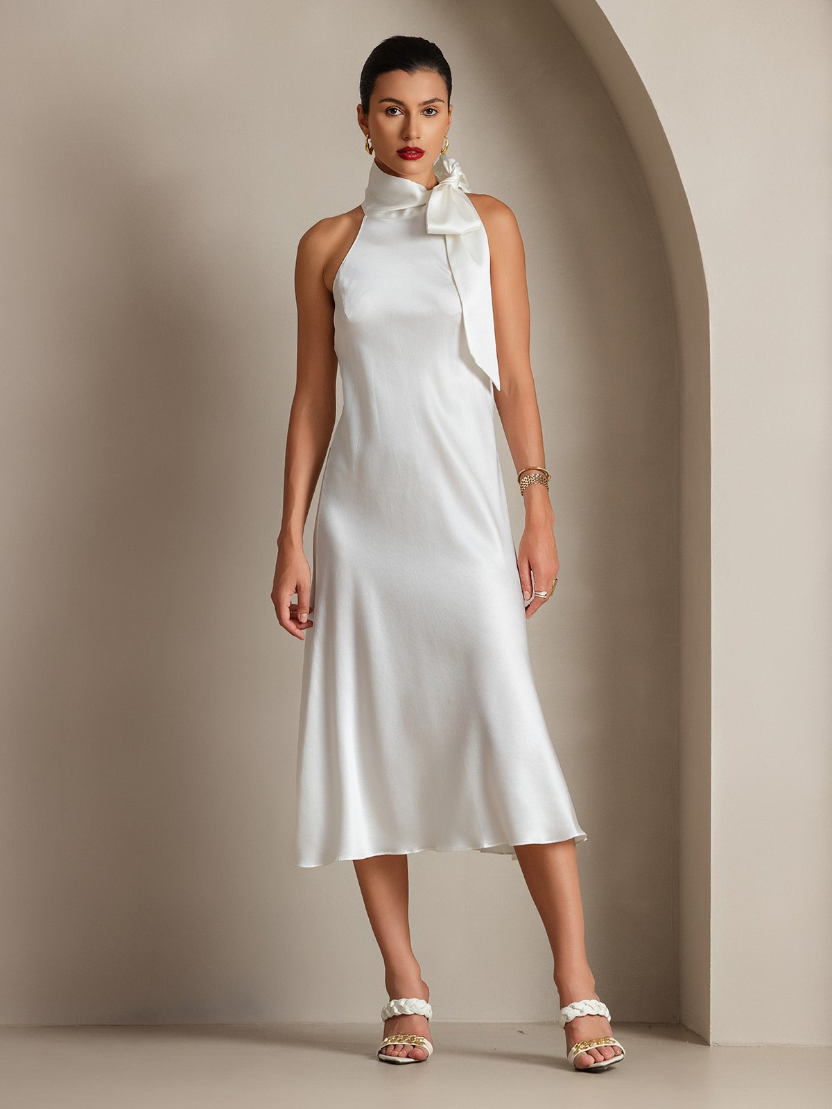 [White] SilkSilky-UK 19Momme Silk Sleeveless Tie Neck Dress 006