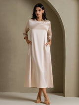 [Beige] SilkSilky-UK 3/4 Sleeve Round Neck Dress 001