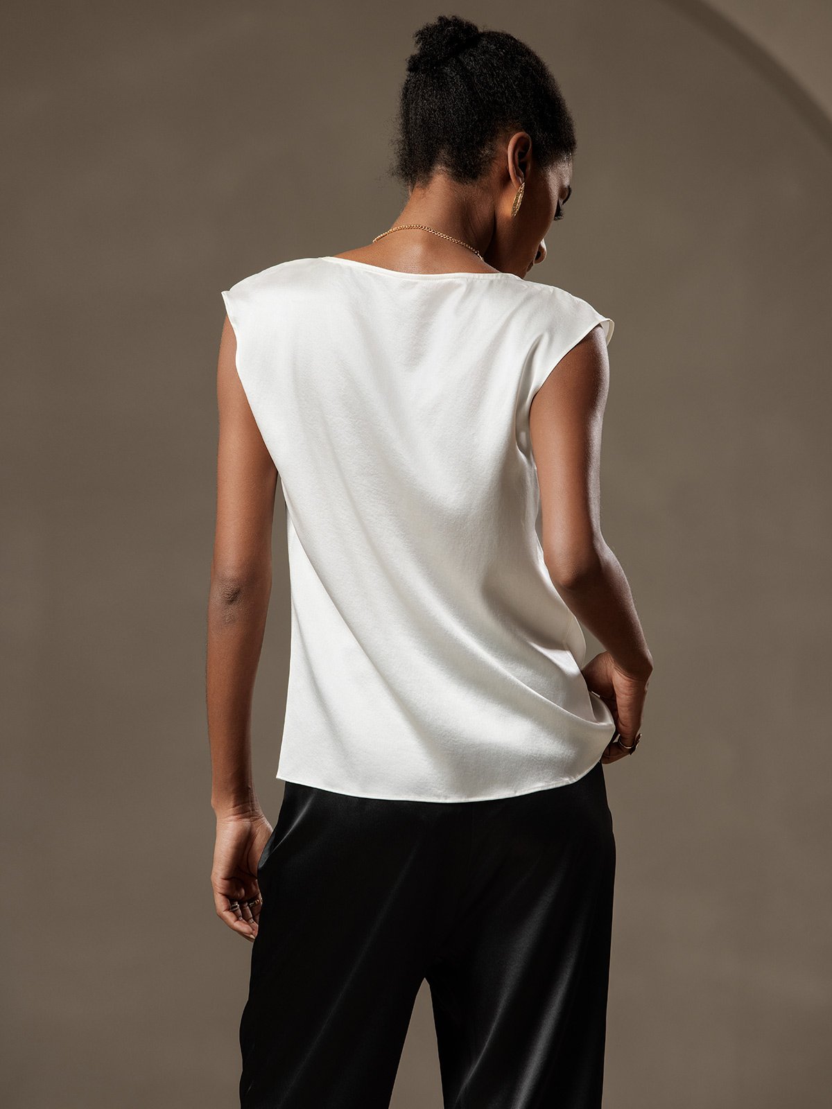 [White] SilkSilky-UK 19Momme Silk Cap Sleeve Cowl Neck Women's T-Shirt 002