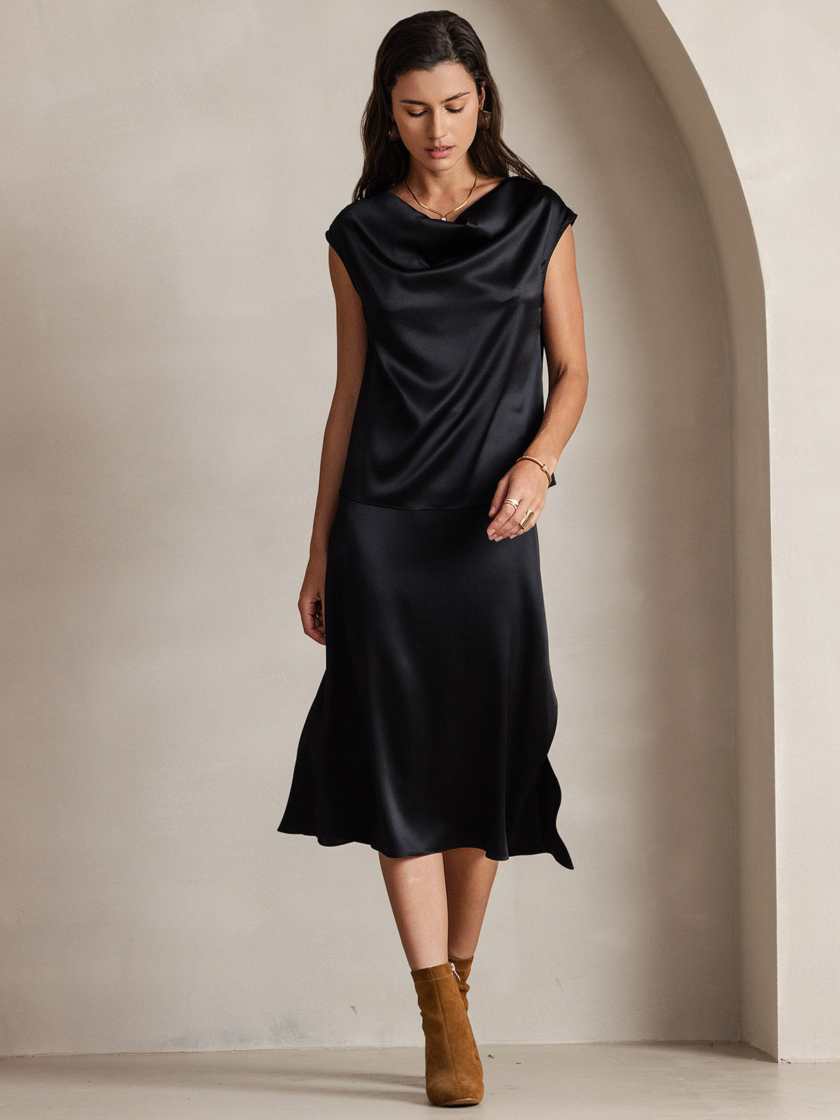 [Black] SilkSilky-UK 19Momme Silk Cap Sleeve Cowl Neck Women's T-Shirt 004