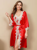 SilkSilky UK Pure Silk 3/4 Sleeve Nightgown&Robe Set Red 004