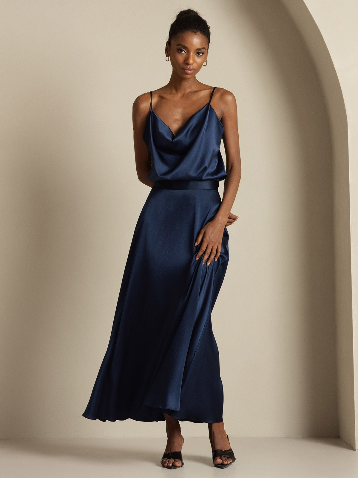 [Dark Blue] SilkSilky-UK 19Momme Silk Knitted Cowl Neck Women''s Outfit Sets 004,