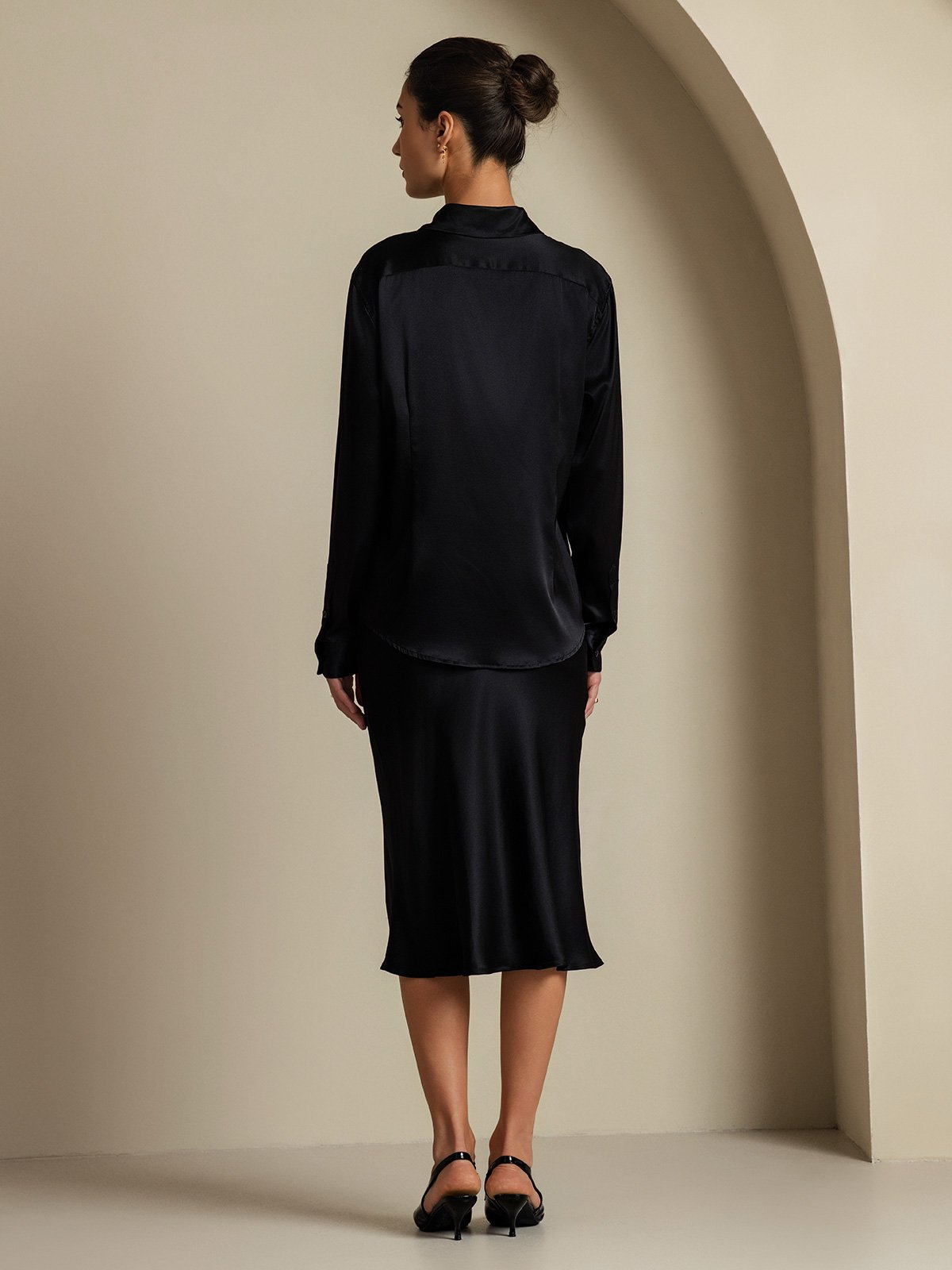 [Black] SilkSilky-UK 19Momme Silk Knitted Collar Women''s Outfit Sets 002,