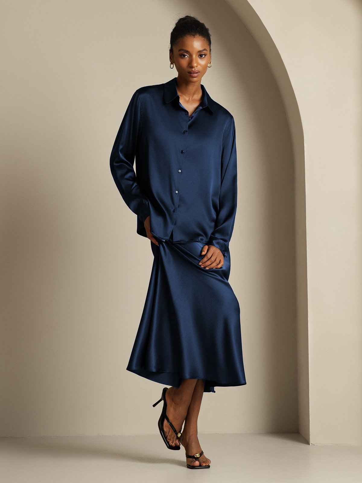 [Dark Blue] SilkSilky-UK 19Momme Silk Knitted Collar Women''s Outfit Sets 003,