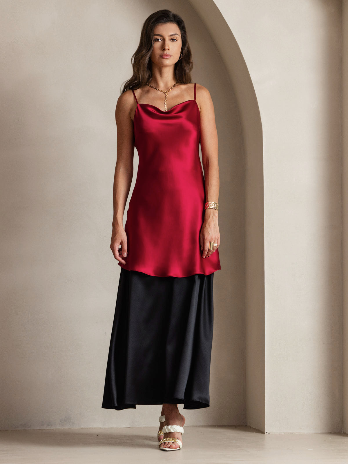 [Wine] SilkSilky-UK Spaghetti Strap Cowl Neck Dress 007