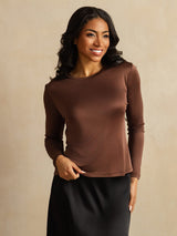 [Coffee] SilkSilky-UK Long Sleeve Crew Neck Women's T-Shirt 001
