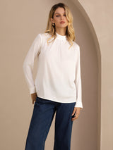 [White] SilkSilky-UK Long Sleeve Stand Collar Women's Blouse 003