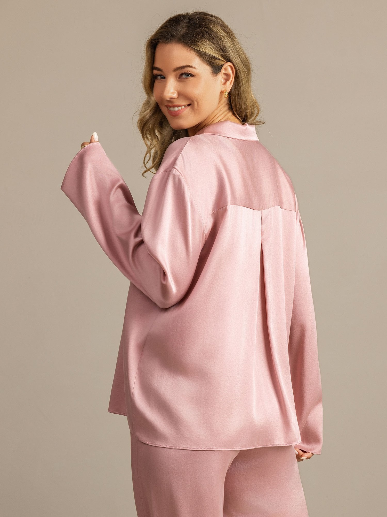 [Peach Skin] SilkSilky-UK 19Momme Machine-Washable Silk Notched Neck Women's Pyjamas 005