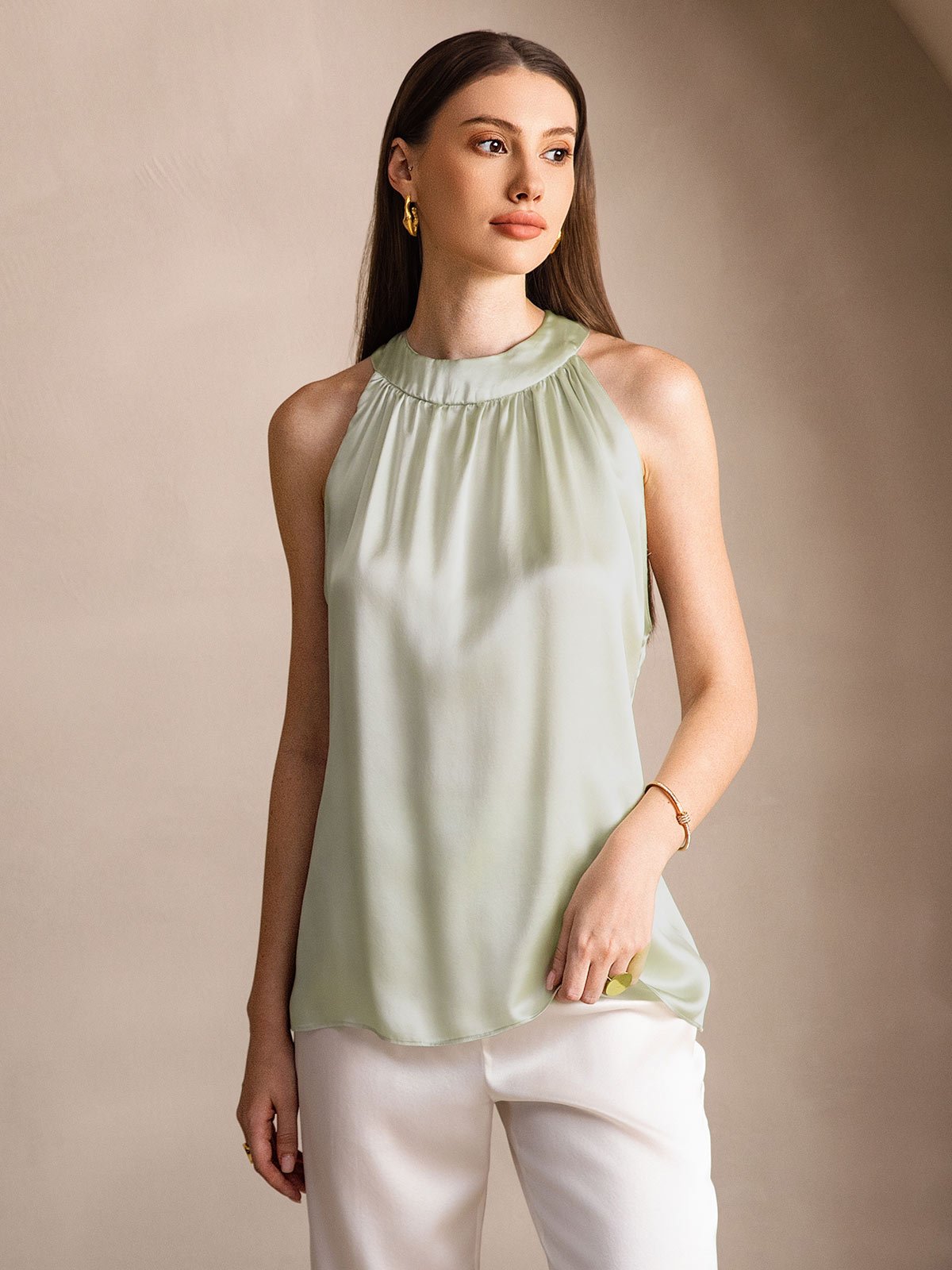 [Light Green] SilkSilky-UK 19Momme Silk Sleeveless Halter Neck Women's T-Shirt 001