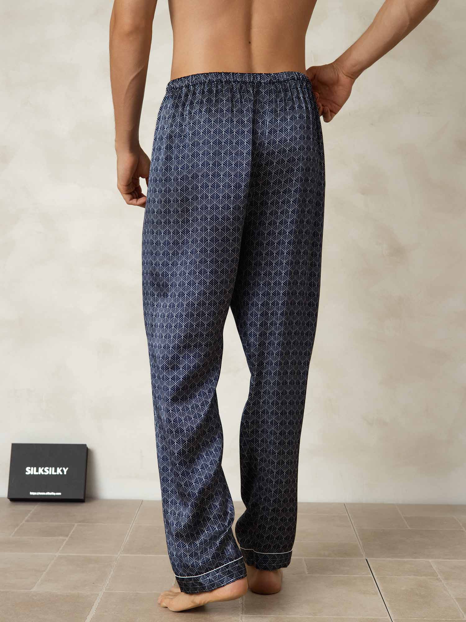 [Navy Ginkgo] SilkSilky-UK Pure Silk Mens Sleep Bottoms 002