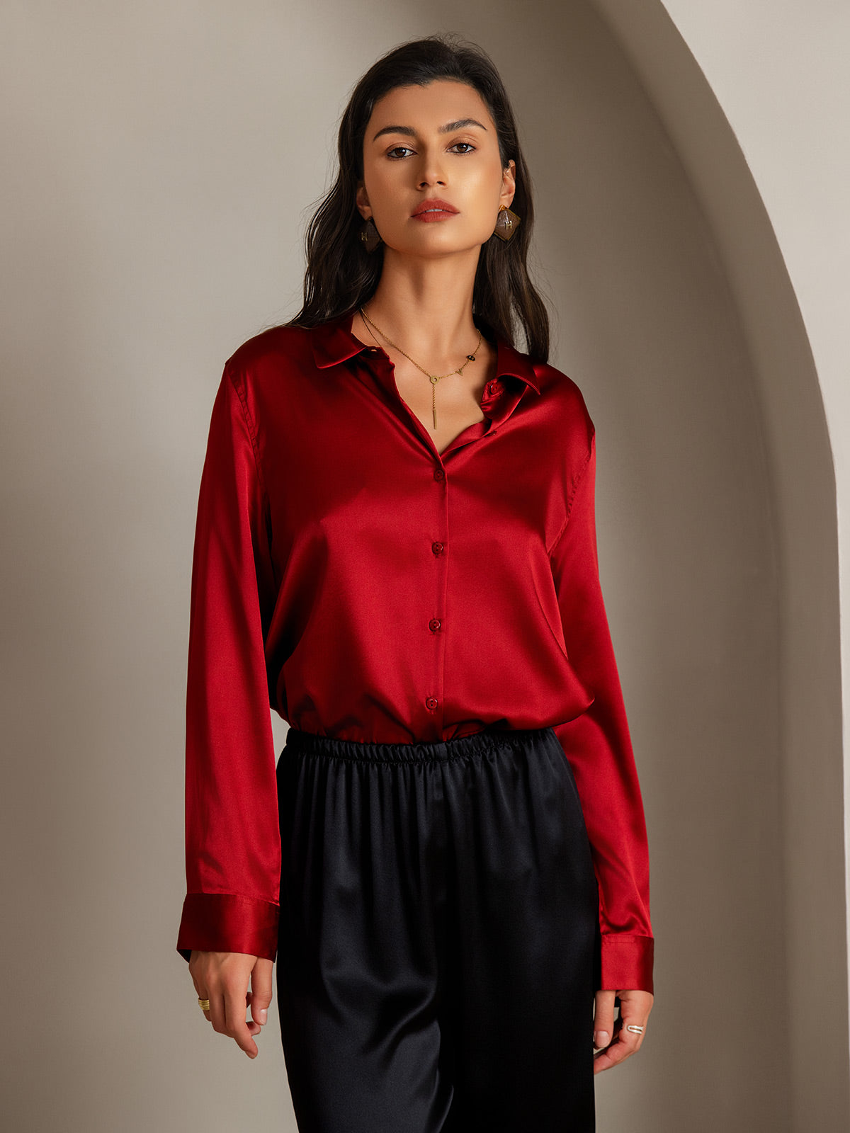 [Red] SilkSilky-UK Silk Long Sleeve Collar Women's Shirt 001