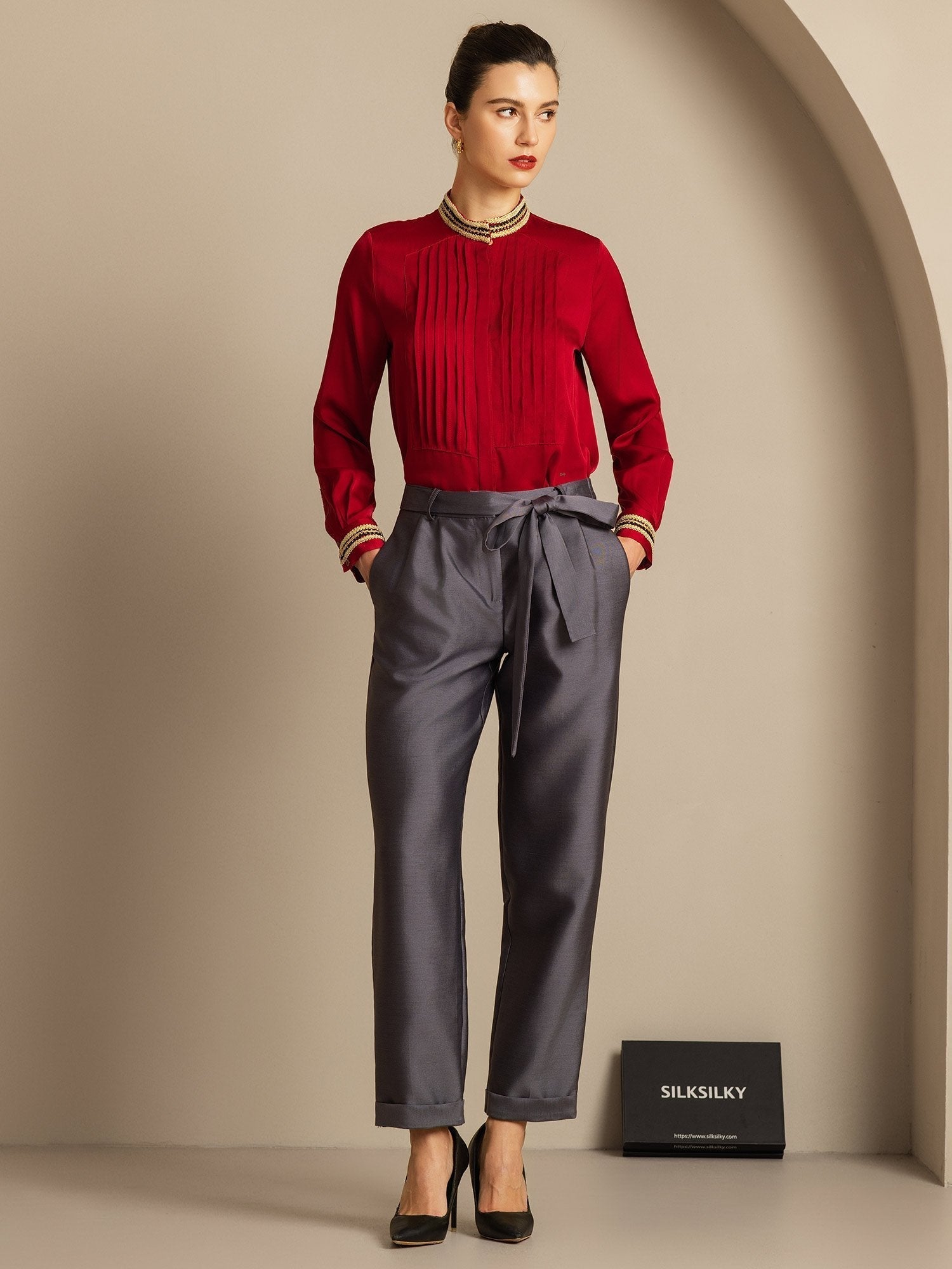 [Gray] SilkSilky-UK 32Momme Silk-Wool Blend Womens Pants 008,