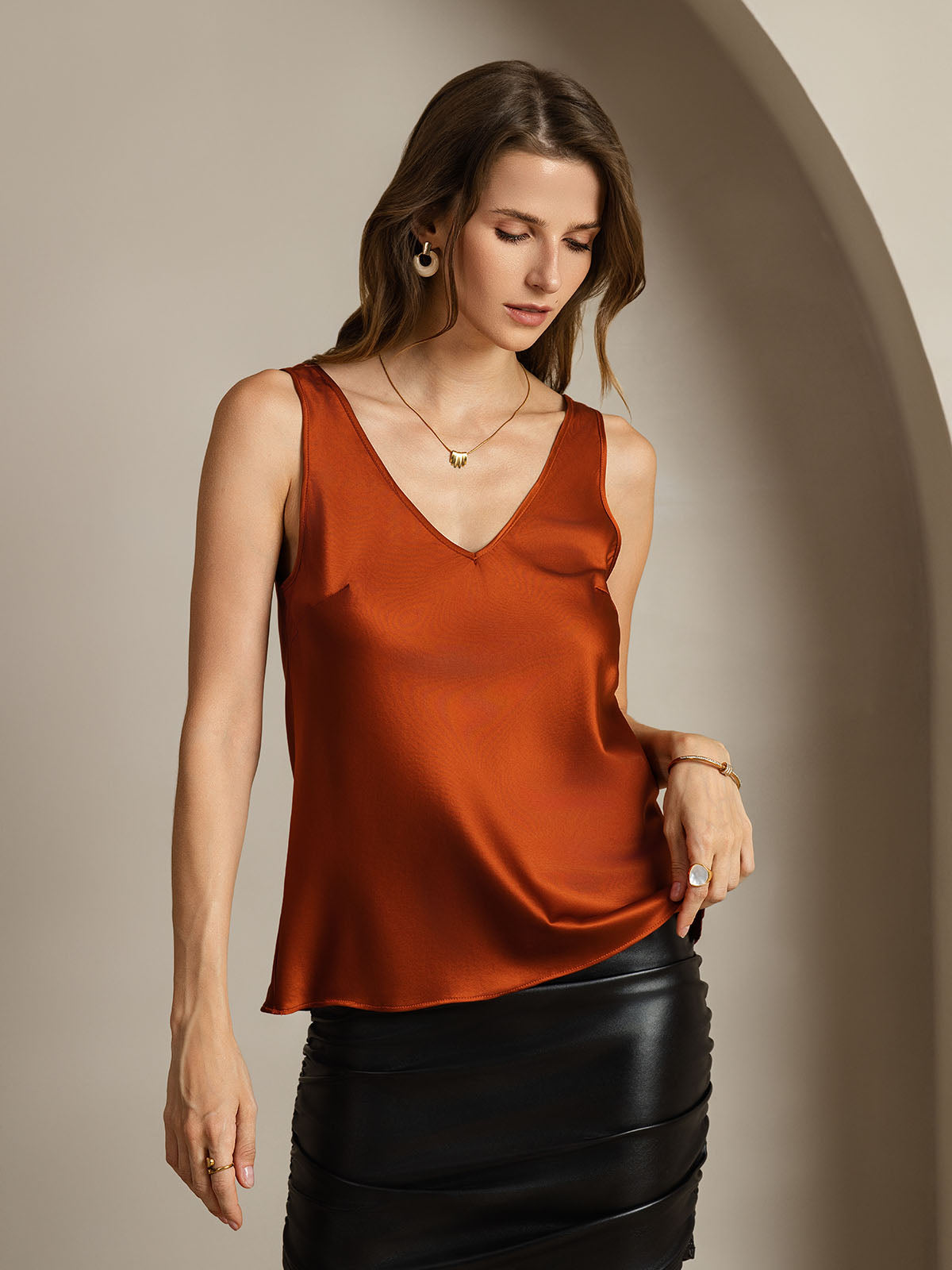[Caramel] SilkSilky-UK 19Momme Silk V Neck Camisole 006