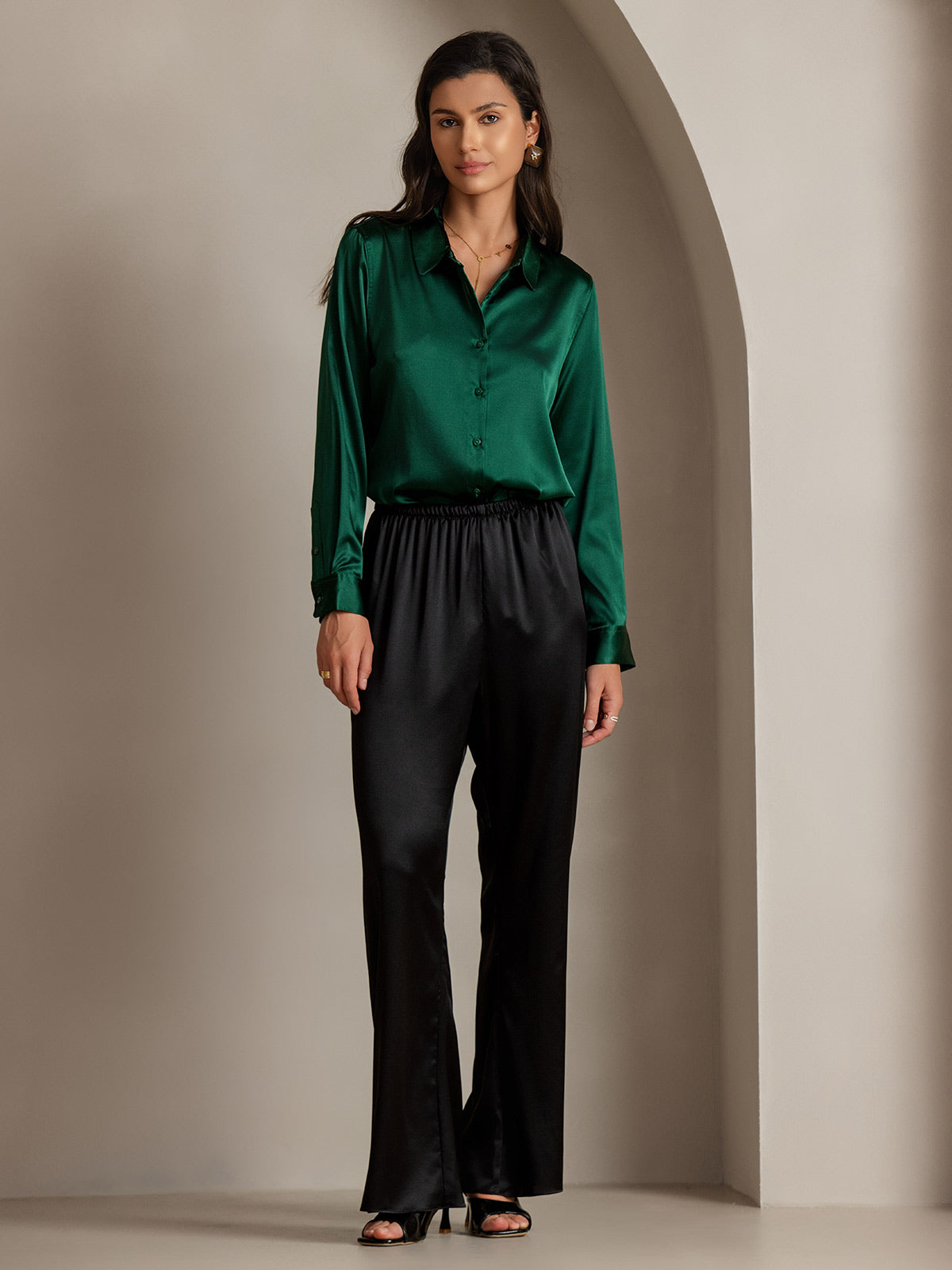 [Dark Green] SilkSilky-UK Silk Long Sleeve Collar Women's Shirt 004