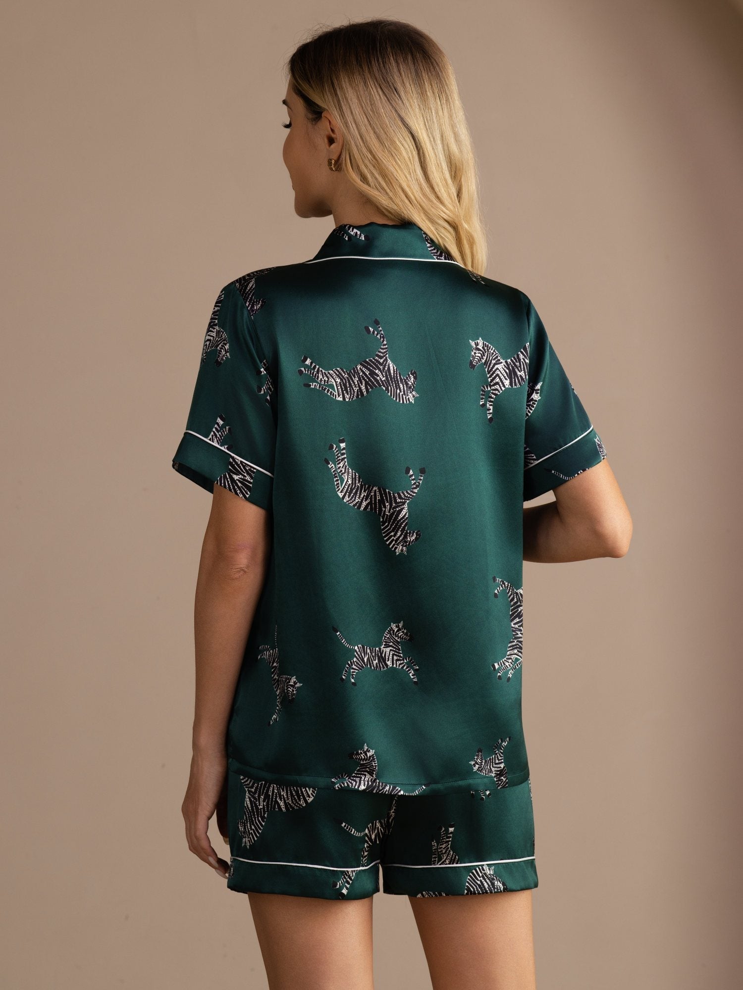[Emerald Zebra] SilkSilky-UK Short Sleeve Lapel Collar Women's Pyjamas 002