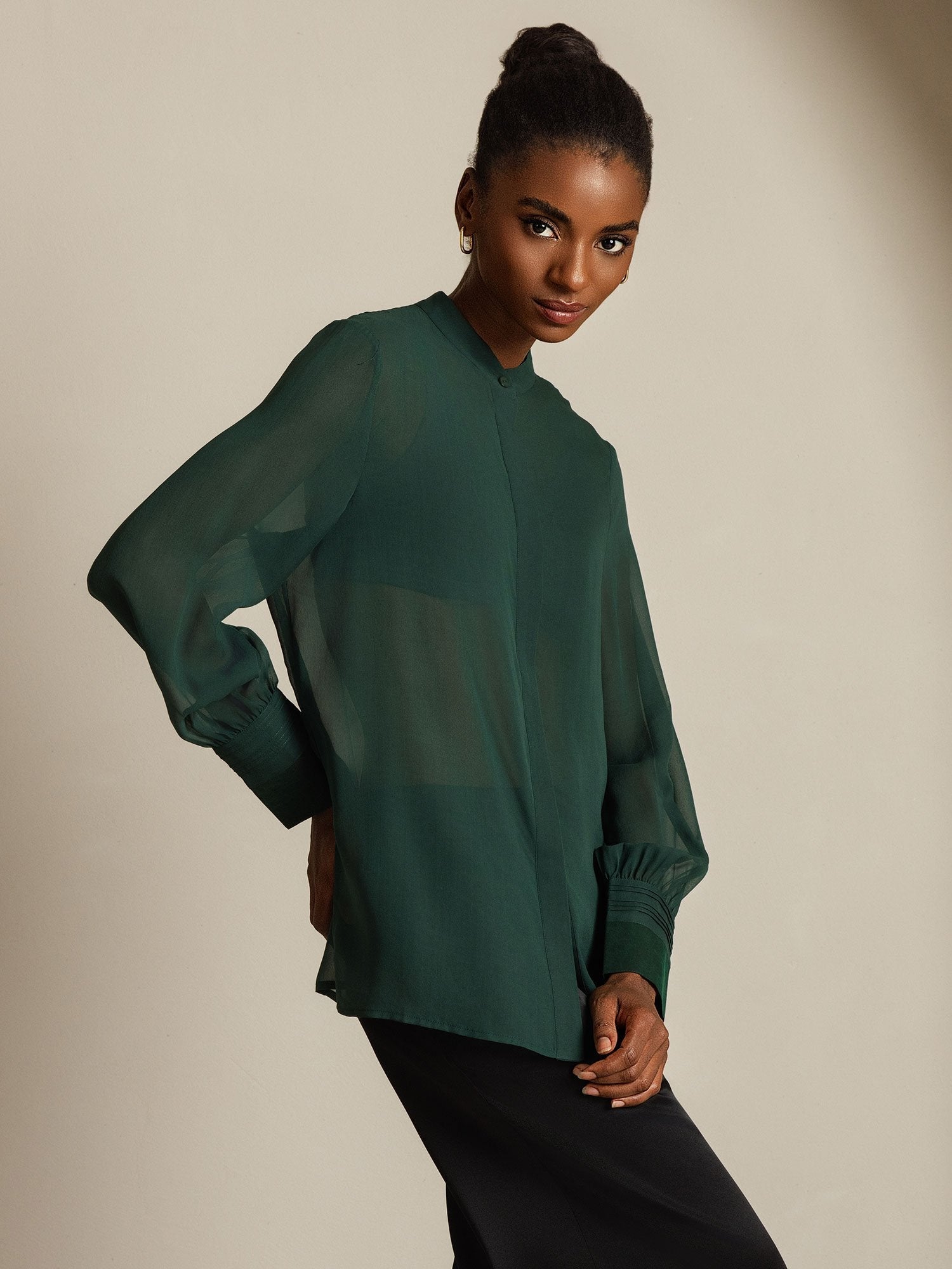 [Dark Green] SilkSilky-UK Pure Silk Split Women's Shirt 007