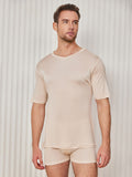 SilkSilky UK Silk Knitted Short Sleeve V Neck Men's T Shirt Beige 003