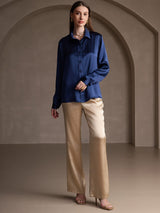 [Dark Blue] SilkSilky-UK Long Sleeve Lapel Collar Women's Shirt 007
