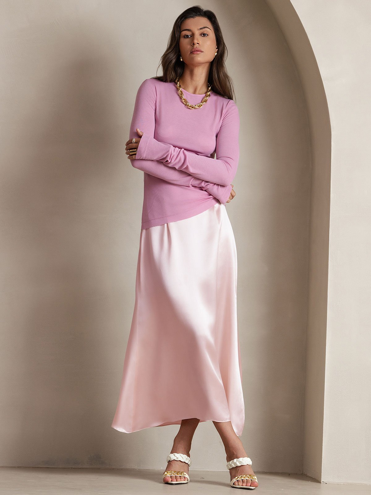 [Pink] SilkSilky-UK 19Momme Stretch Silk Charmeuse Skirt 001