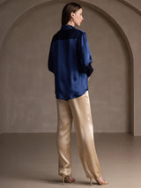 [Dark Blue] SilkSilky-UK Long Sleeve Lapel Collar Women's Shirt 002