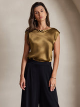 [Brown] SilkSilky-UK Cap Sleeve Round Neck Women's T-Shirt 003