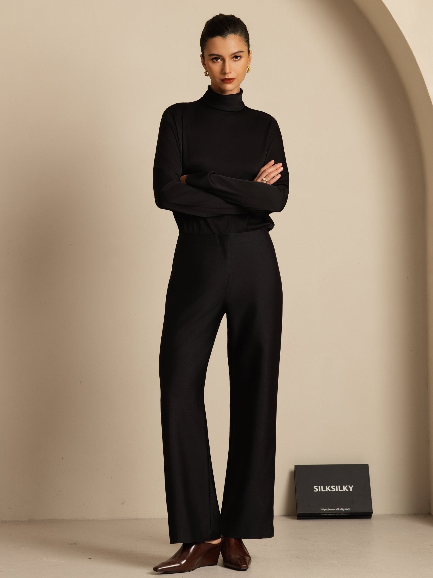 [Black] SilkSilky-UK 19Momme Silk Long Sleeve Turtle Neck Women's T-Shirt 006