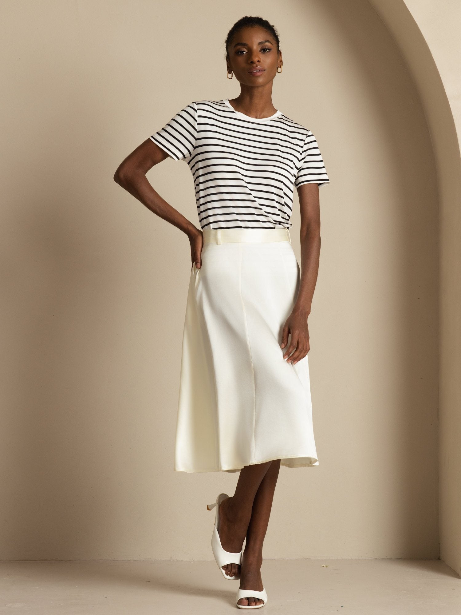 [Ivory] SilkSilky-UK 19Momme Stretch Silk Charmeuse Skirt 005