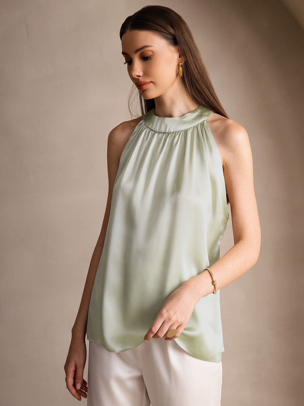 [Light Green] SilkSilky-UK 19Momme Silk Sleeveless Halter Neck Women's T-Shirt 004