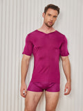 SilkSilky UK Silk Knitted Short Sleeve V Neck Men's T Shirt DarkRed 004