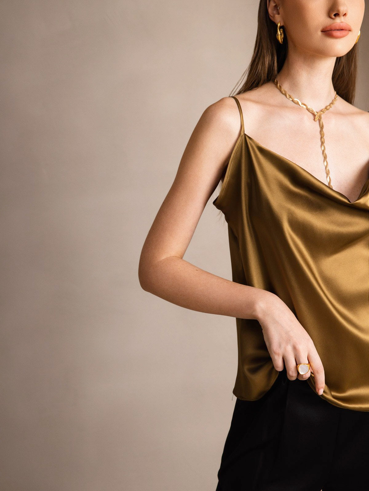 [Brown] SilkSilky-UK 19Momme Silk Spaghetti Strap Cowl Neck Camisole 004