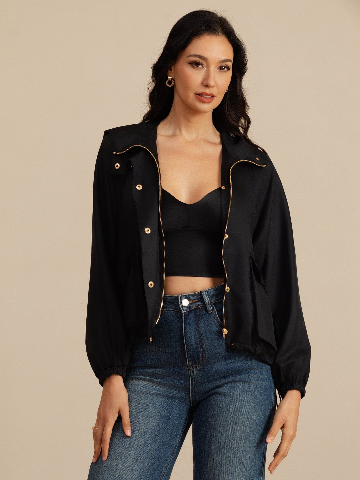 [Black] SilkSilky-UK Silk Satin Surah Long Sleeve High Neck Women's Outerwear 006