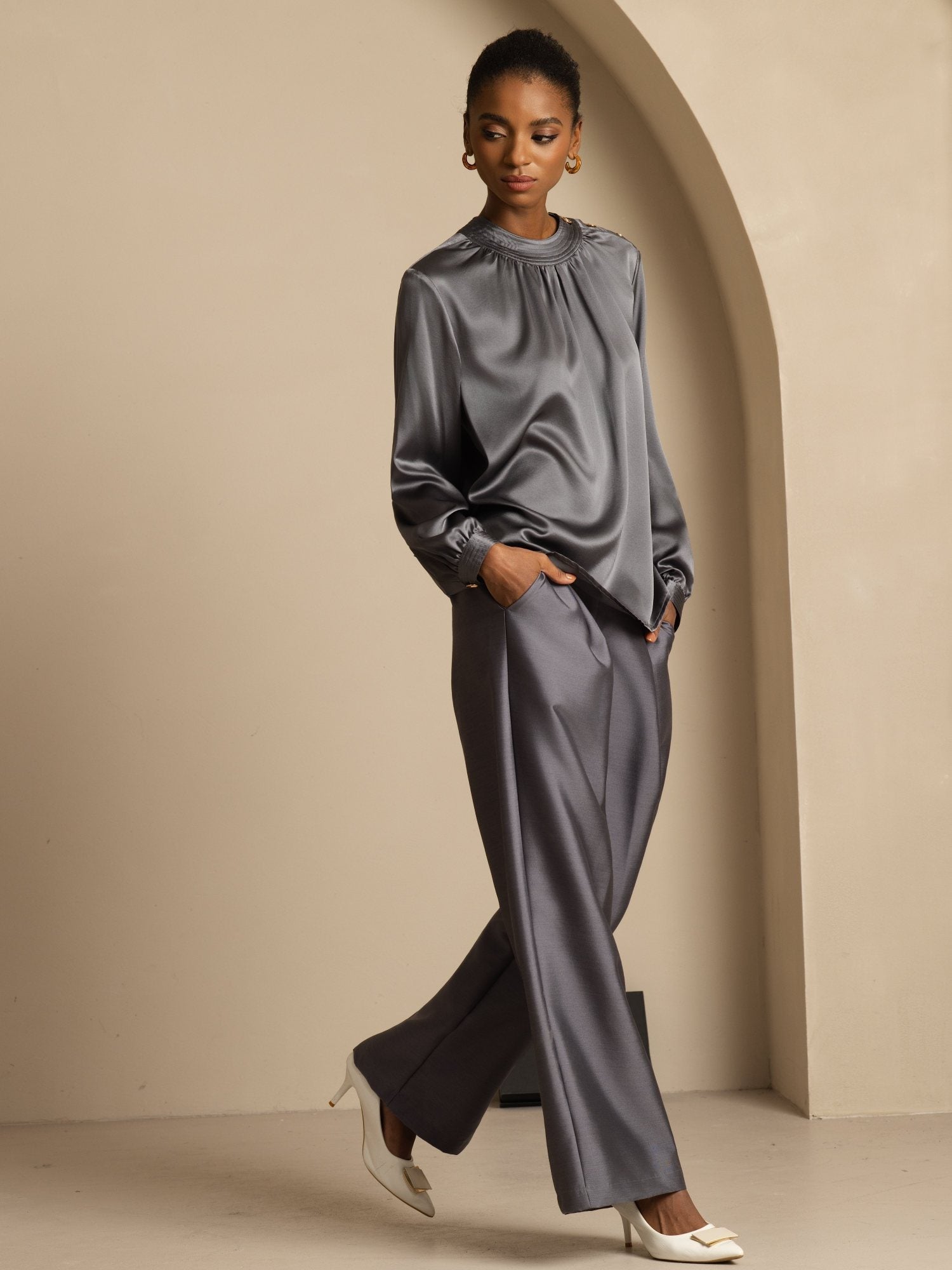 [DarkGray] SilkSilky-UK 19Momme Silk Long Sleeve Round Neck Blouse 007