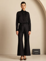 [Black] SilkSilky-UK 19Momme Stretch Silk Charmeuse Long Sleeve Tie Neck Blouse 001