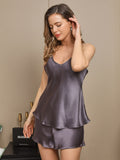 SilkSilky UK Pure Silk Sleeveless V Neck Camisole Set PurpleGray 001