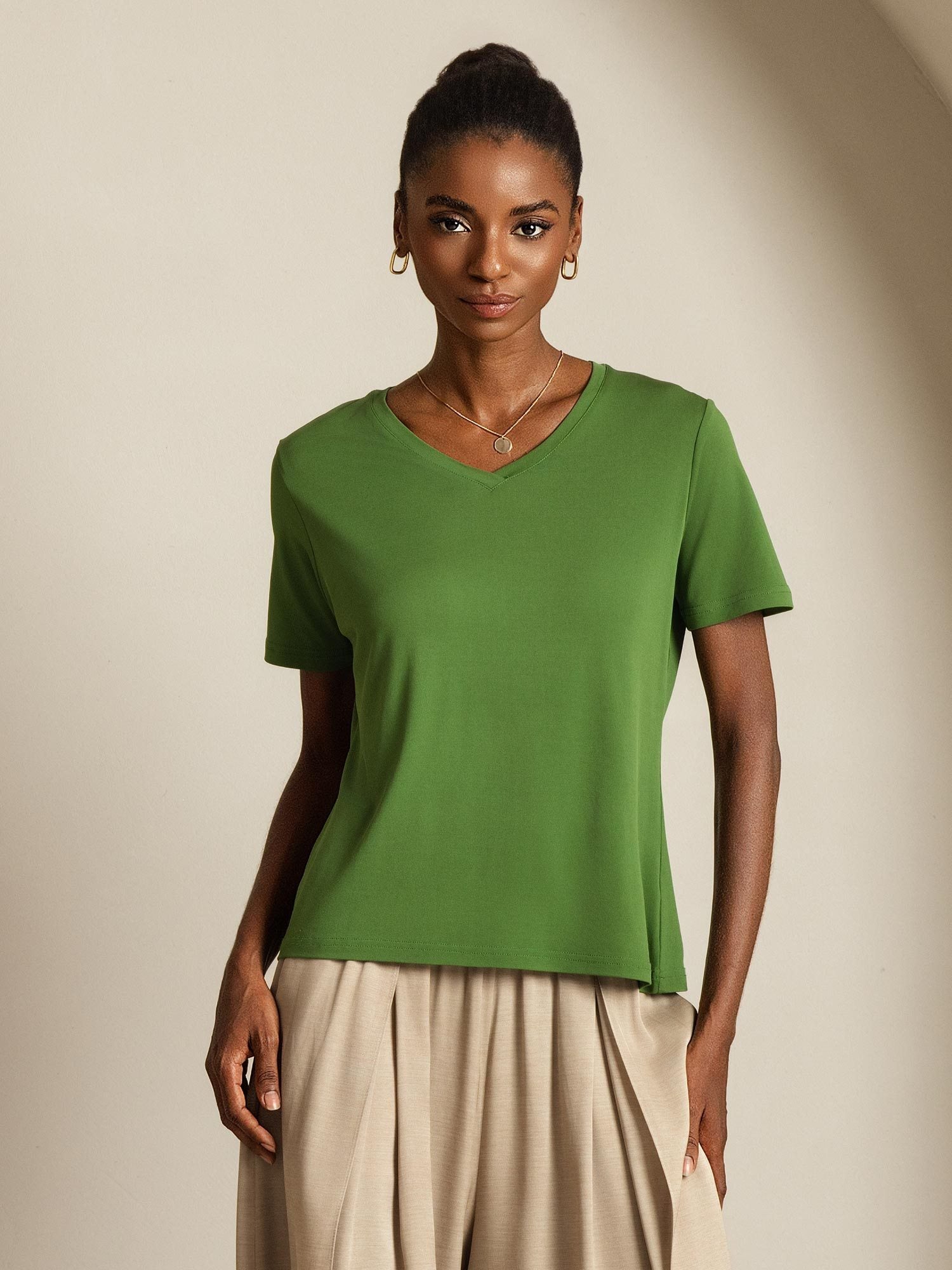 [Green] SilkSilky-UK Pure Silk V Neck Women's T-Shirt 008