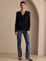[Black] SilkSilky-UK Long Sleeve Deep V Neck Women's Blouse 006