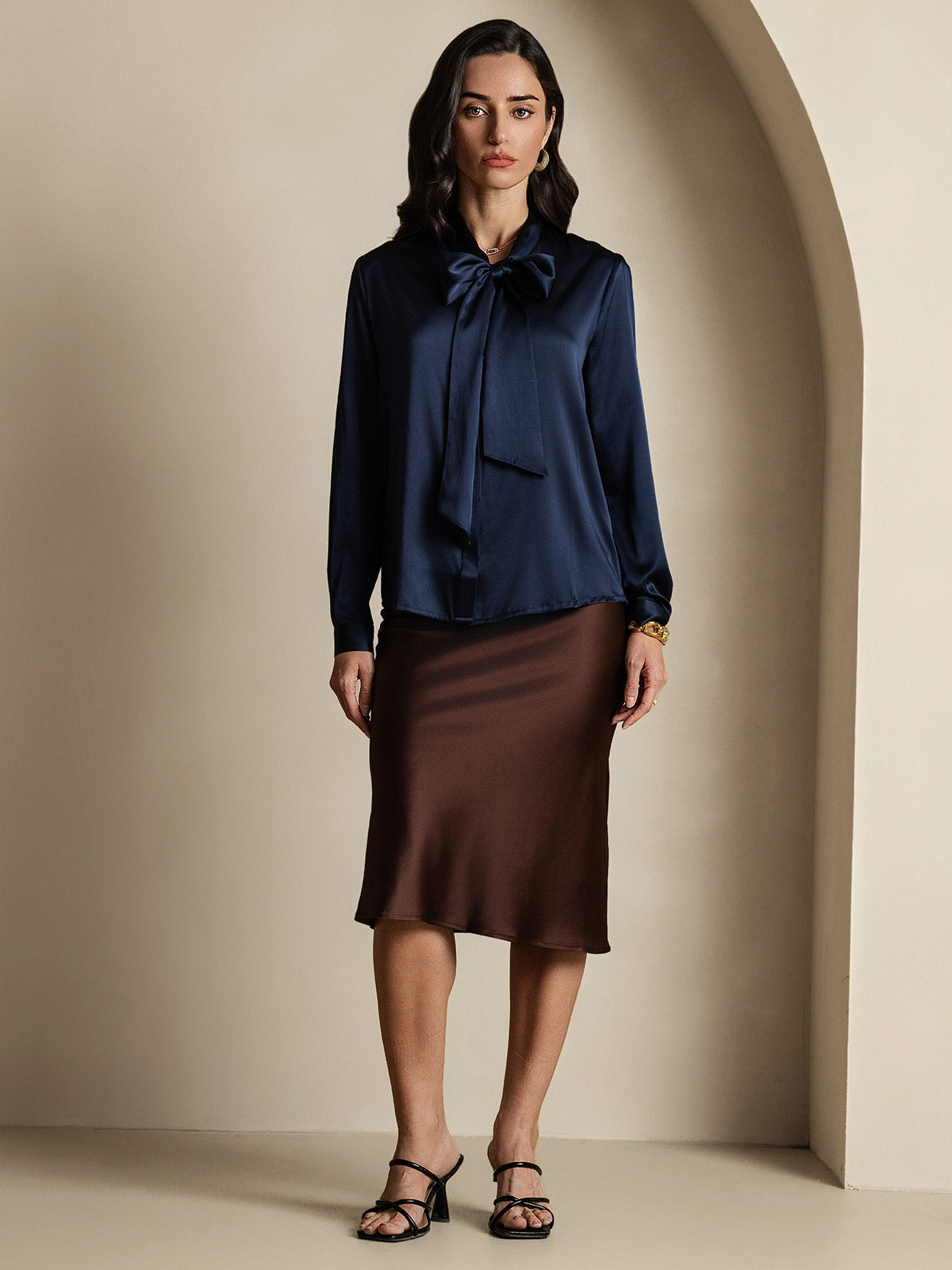 [Dark Blue] SilkSilky-UK 19Momme Silk Long Sleeve Tie Neck Women's Shirt 006