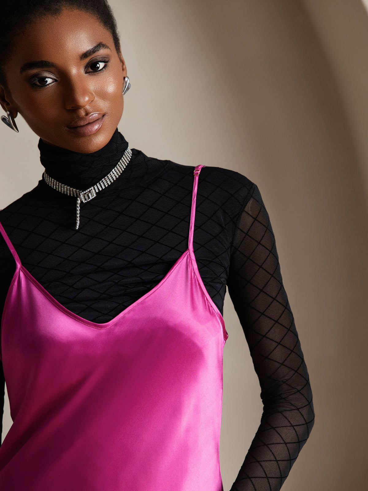 [Rose Red] SilkSilky-UK Spaghetti Strap V Neck Dress 003