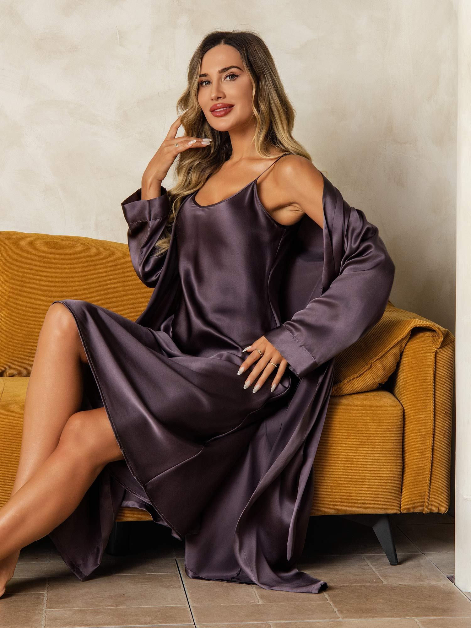 [Purple Gray] SilkSilky-UK Long Sleeve V Neck Nightdress&Dressing gowns 006