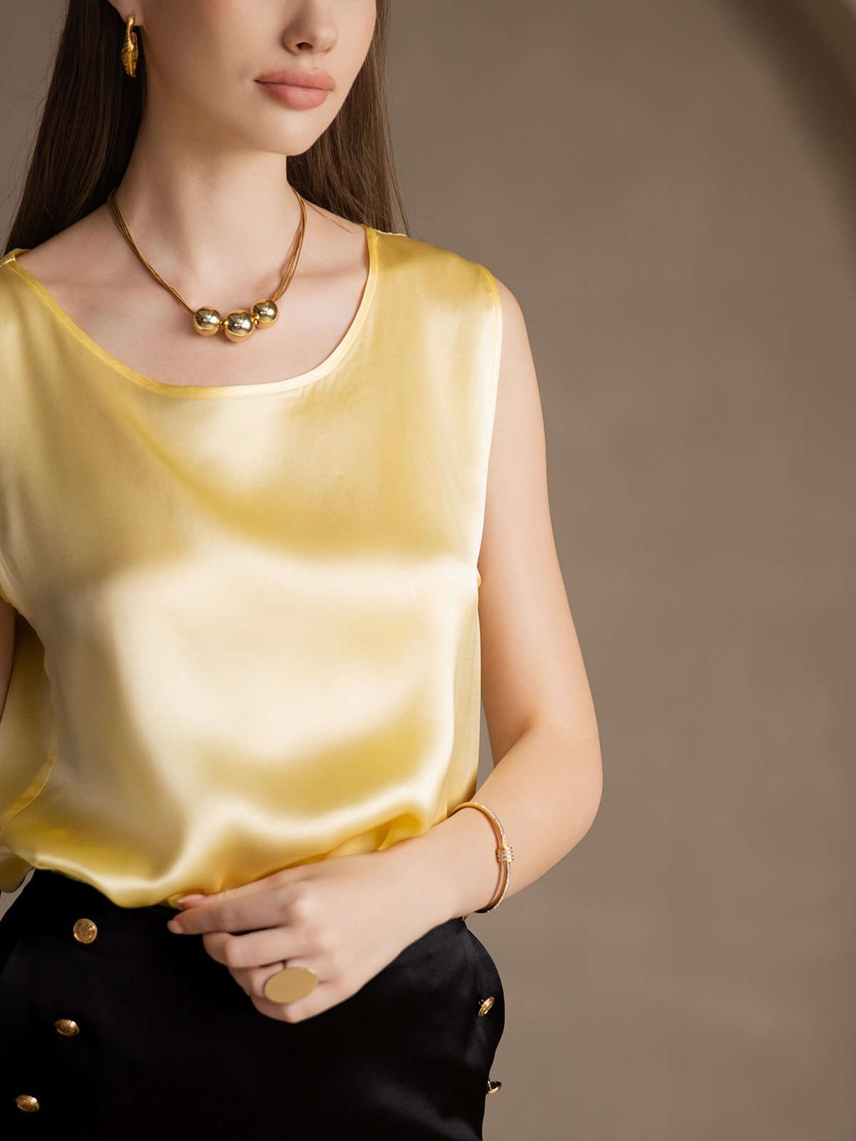 [Light Yellow] SilkSilky-UK 19Momme Silk Round Neck Camisole 003